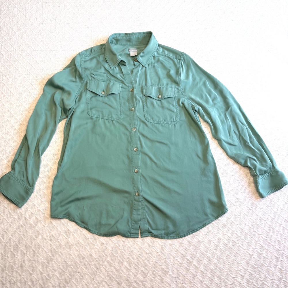 Chicos Womens Size 1 US 8/10 Sage Green 100% Modal Button Down Shirt Long Sleeve